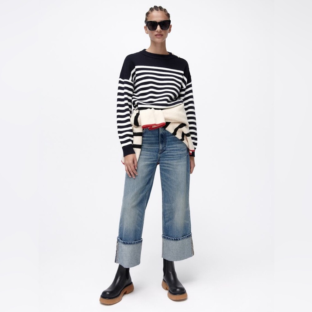 Zara Striped Knit Sweater with Gold Buttons - M